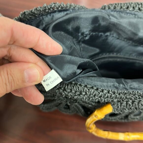 Stunning Black High Quality Macrame Floral Bamboo Handles Bag Purse - Picture 7 of 9